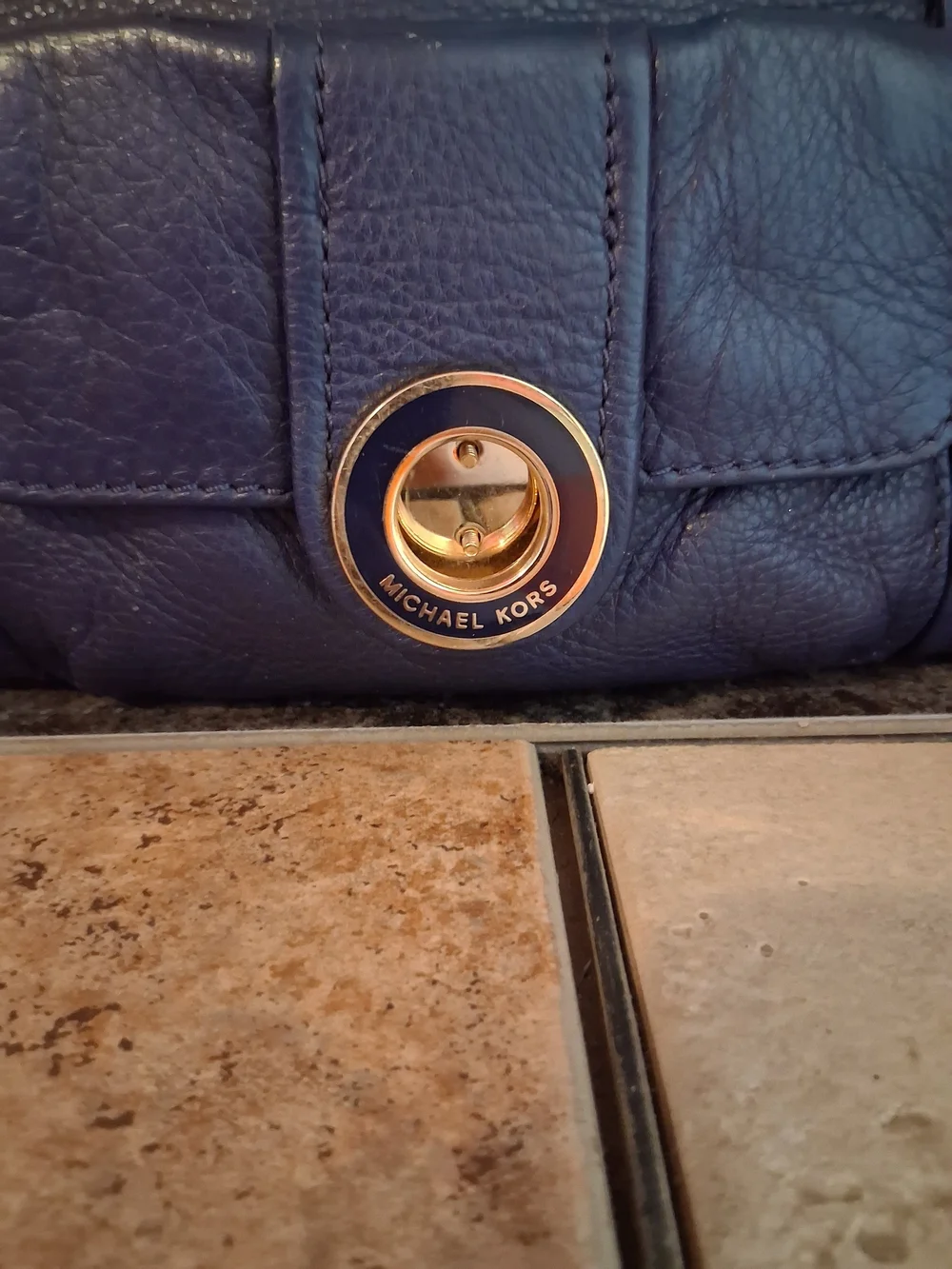 Michael Kors Navy Leather Slouchy Barrel Bag with Gold Hardware